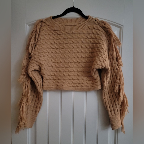 Cozy Fringed Beige Sweater - Picture 2 of 4